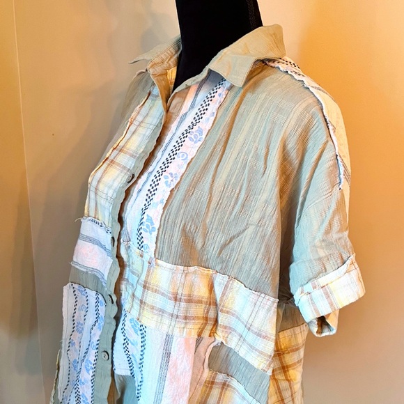 GIGIO Mixed Patchwork Button Down Short Sleeve Shirt Top Size Small Sage Green - Picture 10 of 11